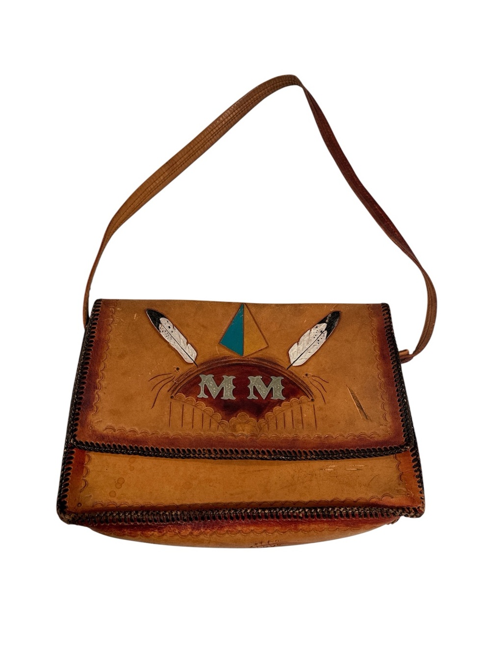 Vintage Handpainted hand tooled Brown Leather Shoulder Bag with Feather Motif